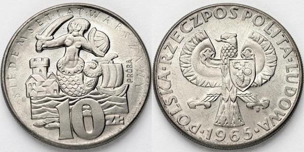 10 zł 1965 r. PRÓBA MN Siedemset lat Warszawy, dziesięć złotych