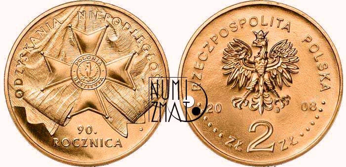 2 zł 2008 r. - Niepodległość - 90. rocznica odzyskania niepodległości, dwa złote NG