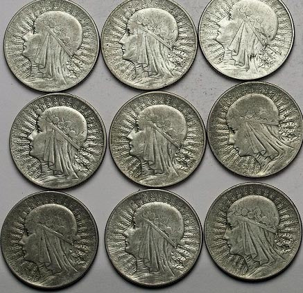 10 x 5 zł 1932-1934 Głowa kobiety SREBRO Zestaw Inwestycyjny LOT Monety bulionowe