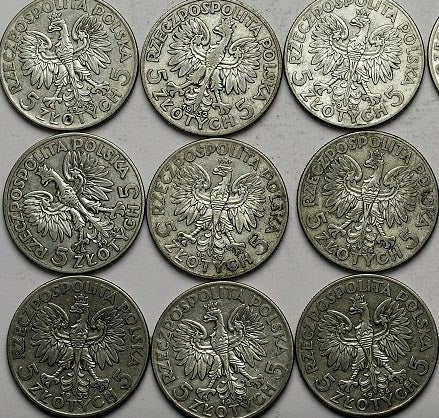 10 x 5 zł 1932-1934 Głowa kobiety SREBRO Zestaw Inwestycyjny LOT Monety bulionowe
