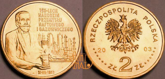 2 zł 2003 r. - 150-lecie narodzin przemysłu naftowego i gazowniczego, dwa złote NG
