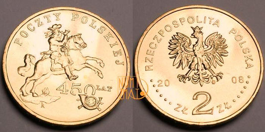 2 zł 2008 r. - Poczta Polska - 450 lat Poczty Polskiej, dwa złote NG