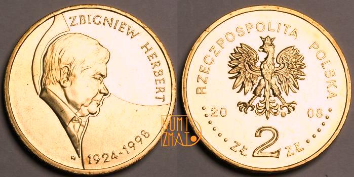 2 zł 2008 r. - Zbigniew Herbert (1924-1998), dwa złote NG