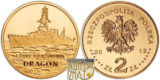 2 zł 2012 r. - Lekki krążownik Dragon - Polskie okręty, dwa złote NG