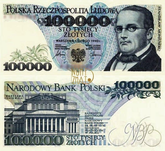 Banknot 100000 zł 1990 MONIUSZKO sto tysięcy złotych UNC