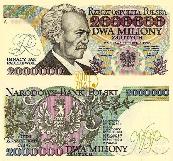 Banknot 2000000 zł 1992 seria A Z BŁĘDEM PADEREWSKI dwa miliony złotych UNC