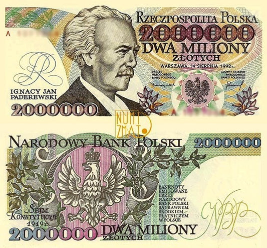Banknot 2000000 zł 1992 seria A Z BŁĘDEM PADEREWSKI dwa miliony złotych UNC